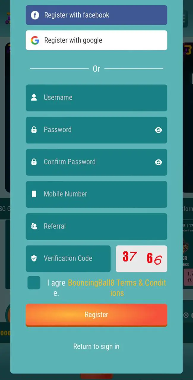 BouncingBall8 casino registration form.