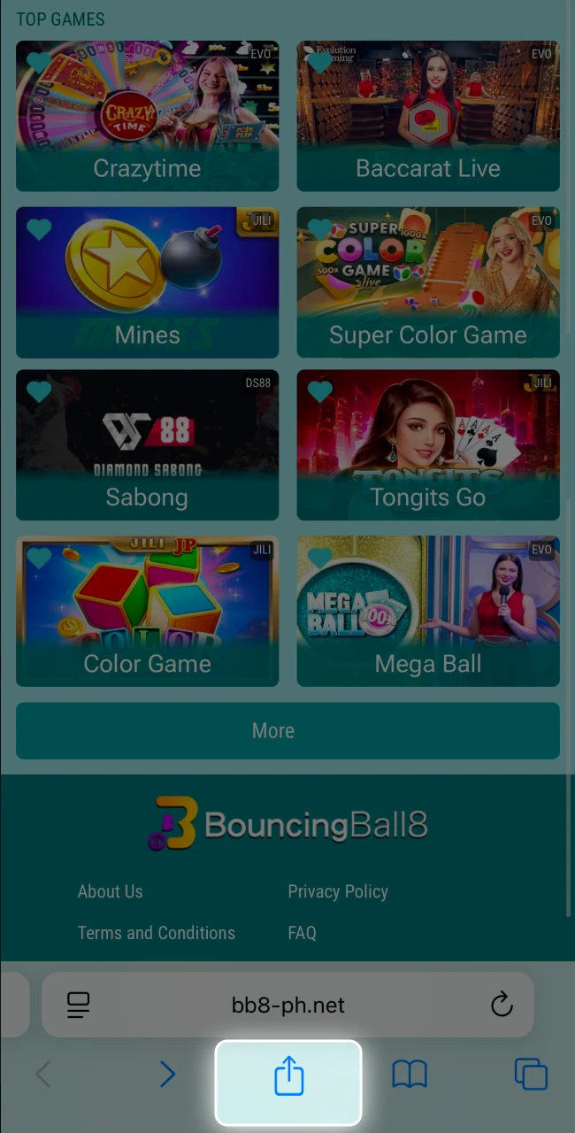 Use Safari to open the share menu and prepare to add BouncingBall8 to your home screen.