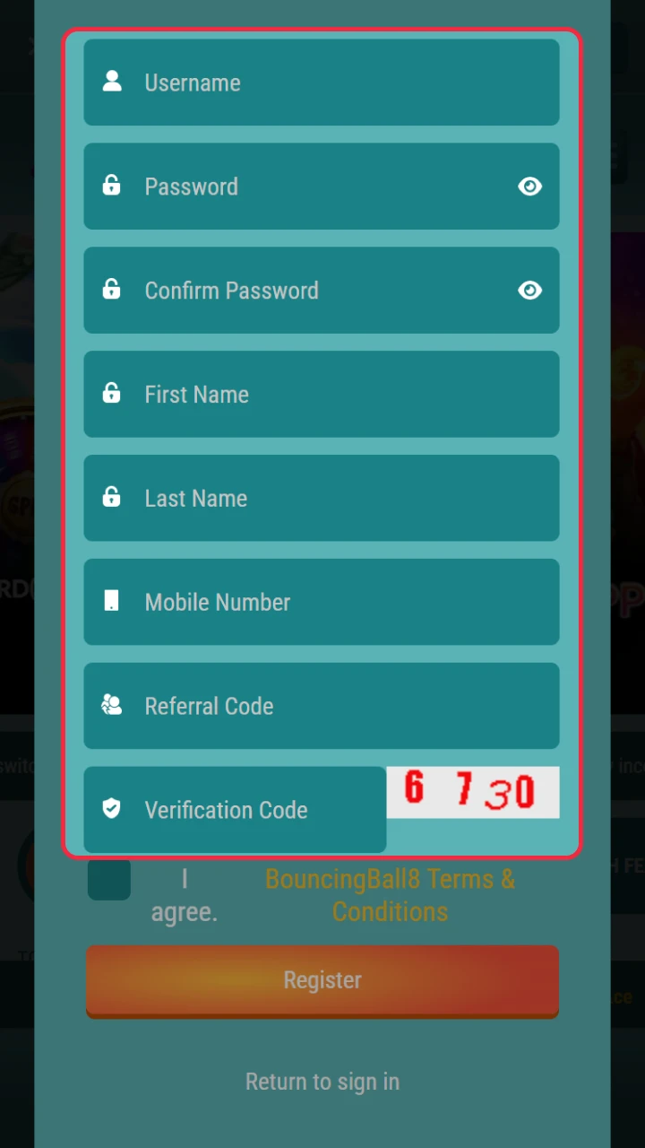Enter name, mobile, referral code, username and password in BouncingBall8 form.